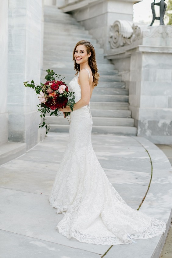 white wedding gown for fall grey and burgundy wedding