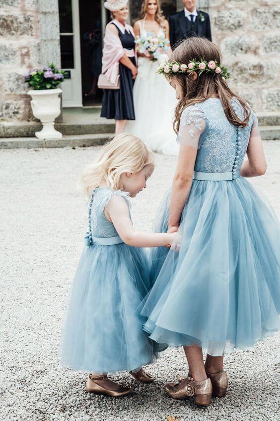 Flower girls for dusty blue March wedding