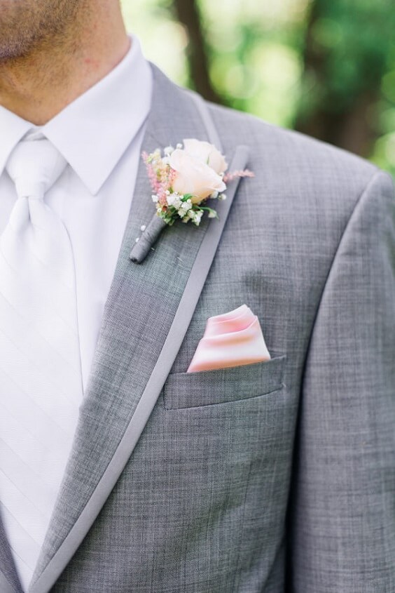 pale gray suit and pale pink corsage for spring dusty rose wedding