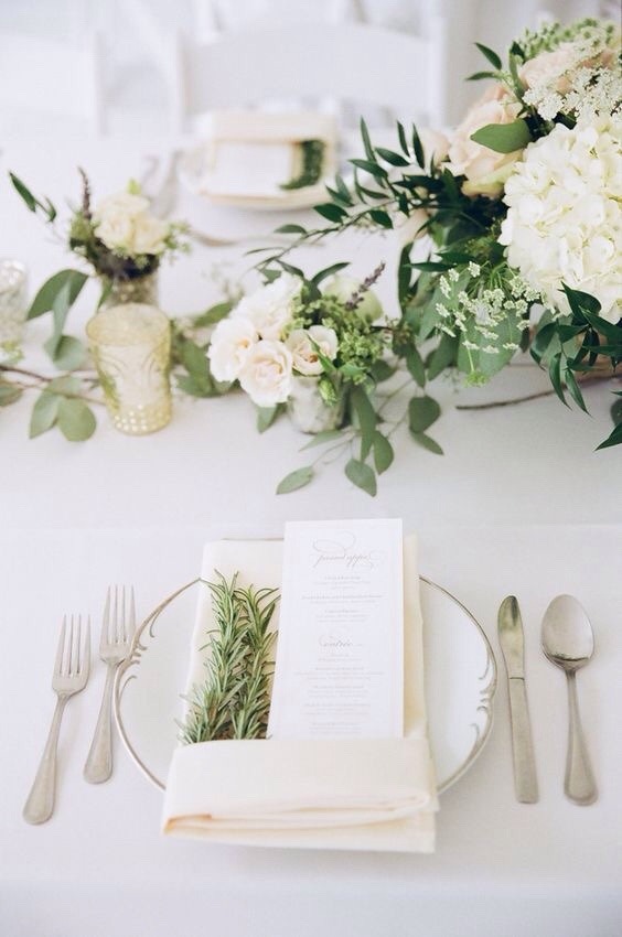 table setting and centerpieces for summer sage green and white wedding
