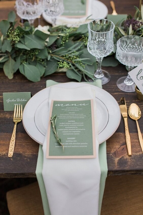 table setting for summer sage green and white wedding