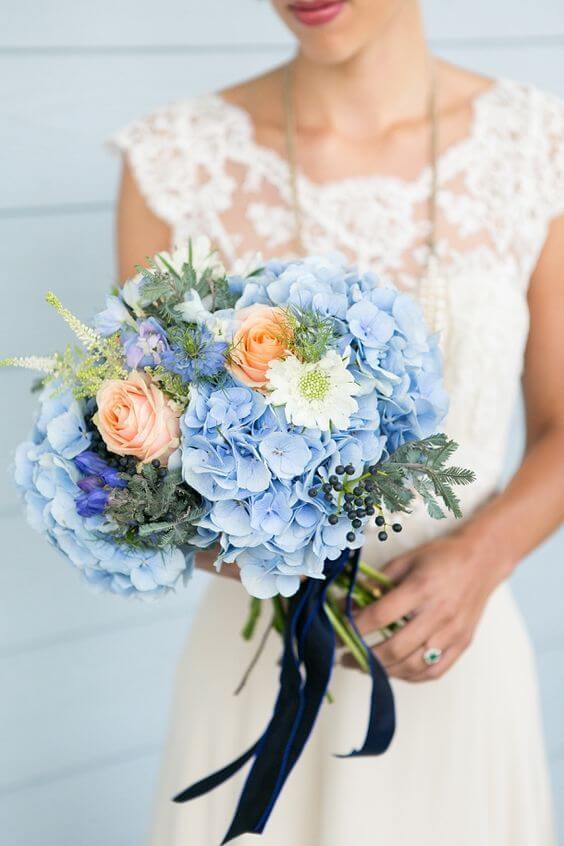 Wedding bouquets for Cornflower blue and peach wedding