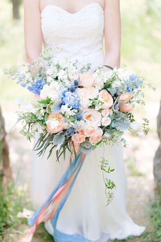 Wedding bouquets for Cornflower blue and peach wedding