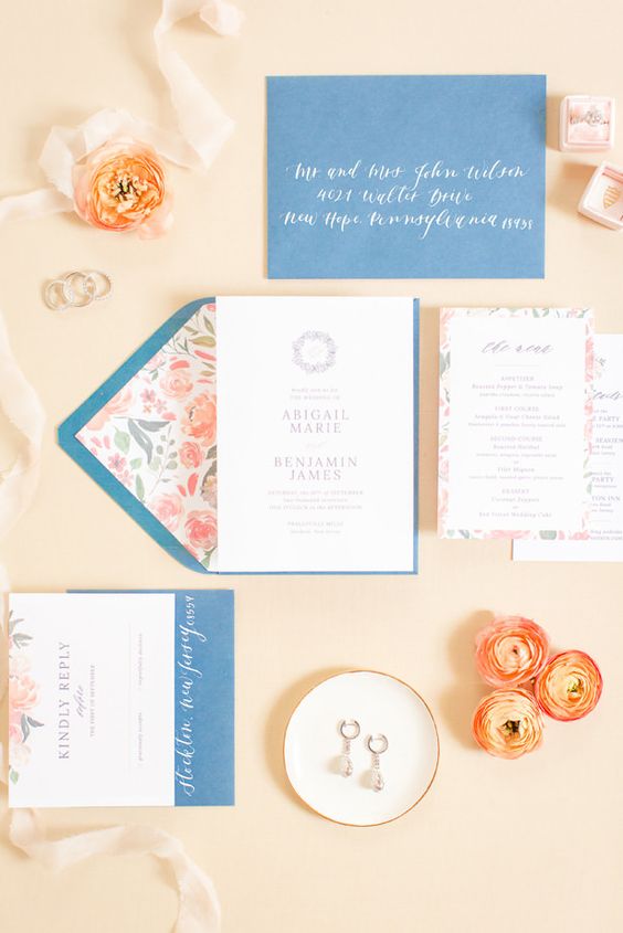 Wedding invitations for Cornflower blue and peach wedding