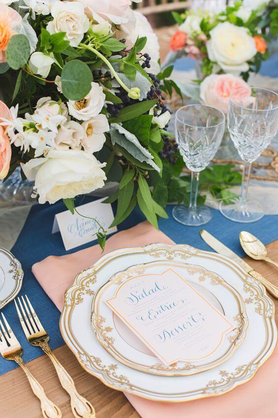 Wedding table decorations for Cornflower blue and peach wedding