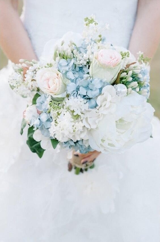 bouquet for fall light blue ivory and pastel pink wedding