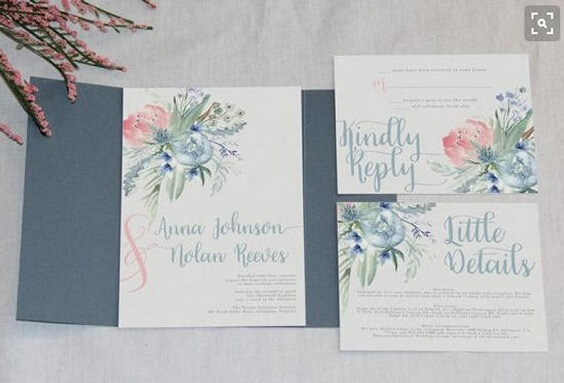 invitation for fall light blue ivory and pastel pink wedding