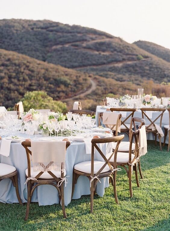 table and chairs for fall light blue ivory and pastel pink wedding