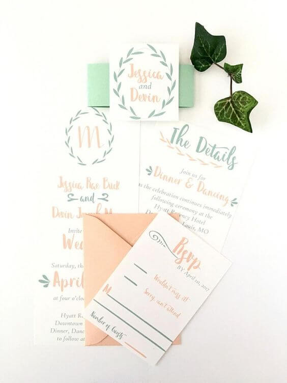 Wedding invitations for Mint and Peach Summer wedding