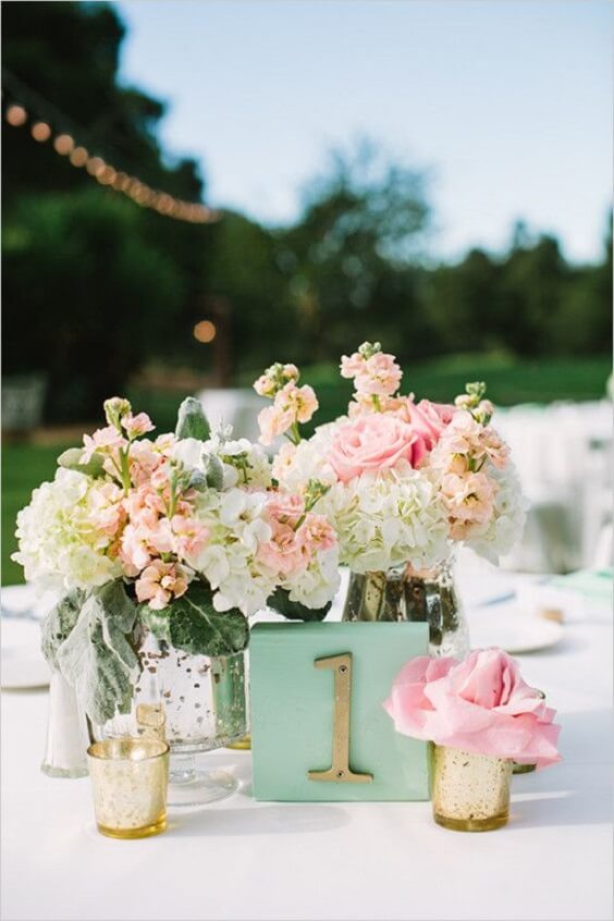 Wedding table decorations for Mint and Peach Summer wedding