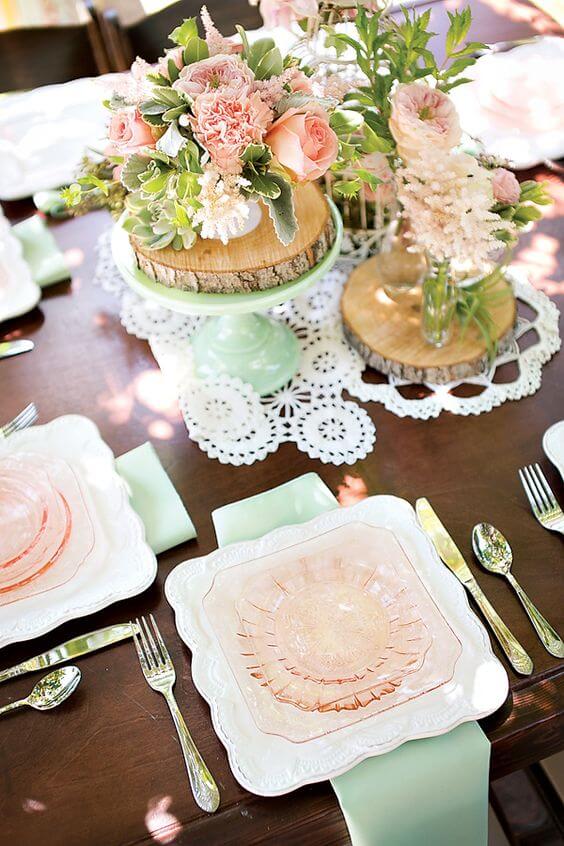 Wedding table decorations for Mint and Peach Summer wedding