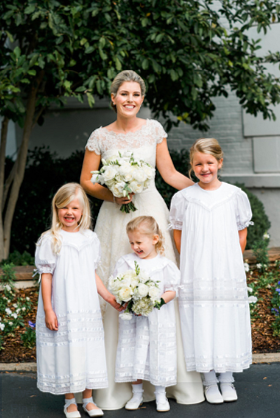 white bridal gown and flower girl dresses for fall dark green wedding