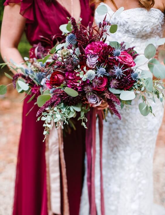 maroon bridesmaid dress and white bridal gown for fall maroon and navy blue wedding