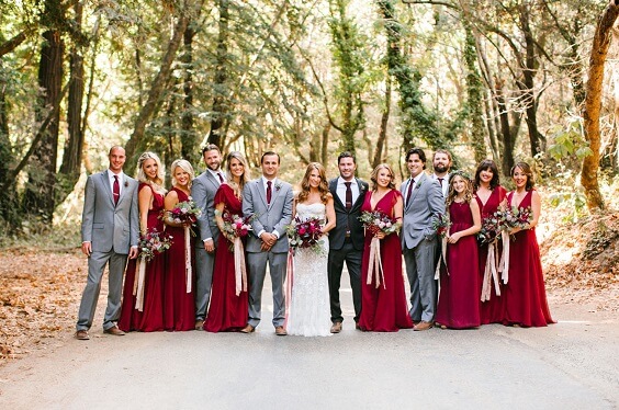 maroon bridesmaid dresses and light grey groomsmens suits for fall maroon and navy blue wedding