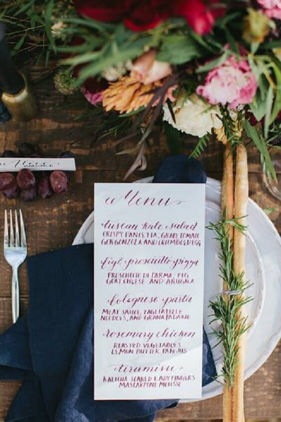 menu for fall maroon and navy blue wedding