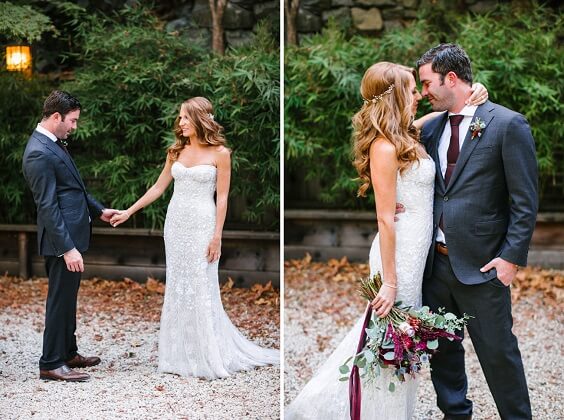 white bridal gown and navy blue mans suit for fall maroon and navy blue wedding