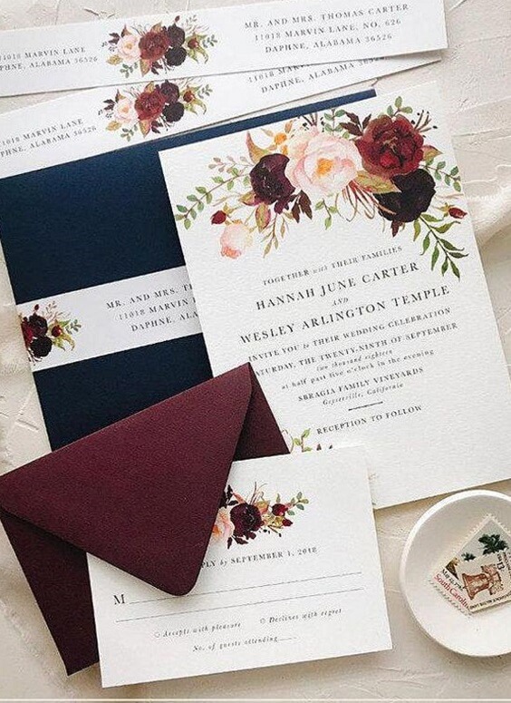 weddng Invitations for Navy and Wine wedding