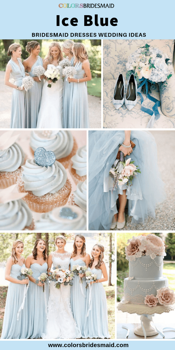 Spring Wedding - Ice Blue Bridesmaid Dresses, Light Pink Bouquets and Wedding Cake