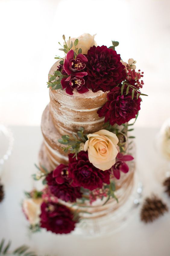 naked wedding cake with burgundy flowers for fall burgundy wedding