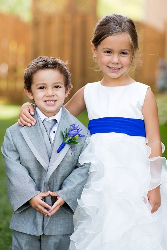 royal blue and white flower girl dress and light gray ring bearer suit for summer royal blue wedding