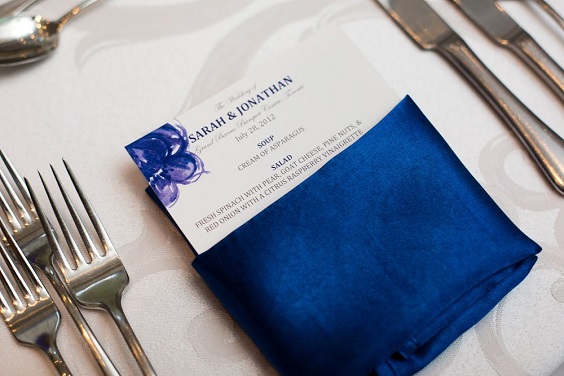 royal blue napkin fold and menu for summer royal blue wedding