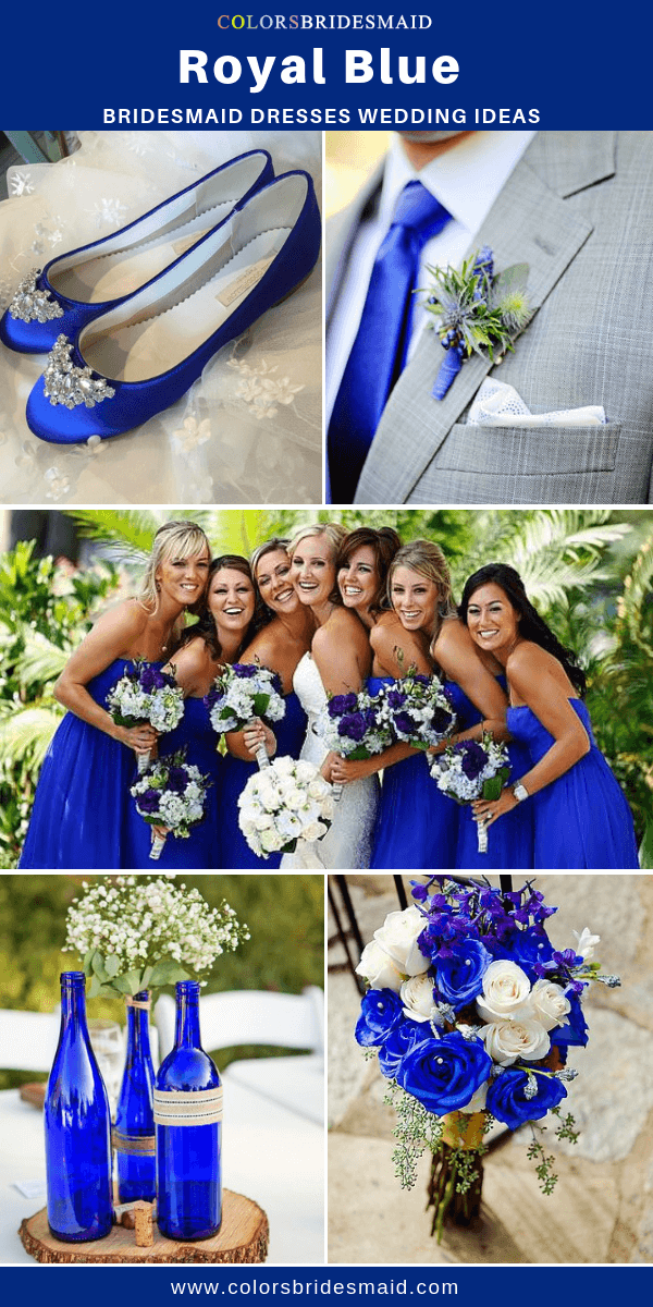 Summer Wedding - Royal Blue Bridesmaid Dresses and Light Gray Groom's Suit with a Boutonniere of Thistle