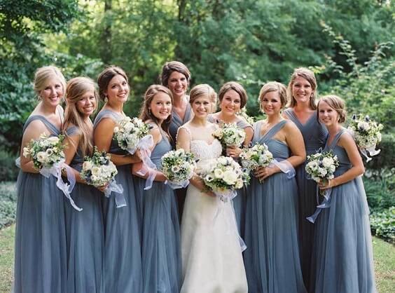 Spring Wedding - Dusty Blue Bridesmaid Dresses and Blush Bouquets with ...