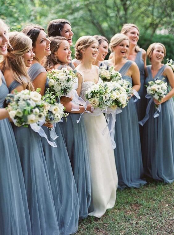 Spring Wedding - Dusty Blue Bridesmaid Dresses and Blush Bouquets with ...