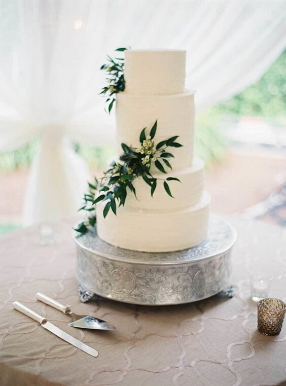 white wedding cake for spring dusty blue wedding