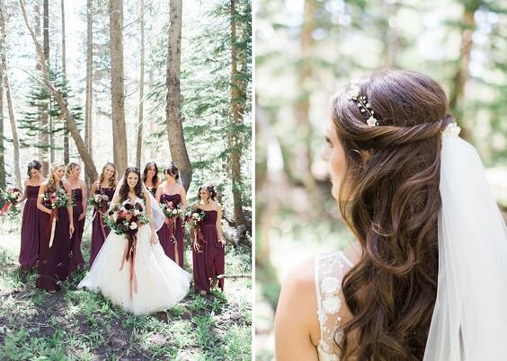 bride and bridesmaids for fall burgundy wedding