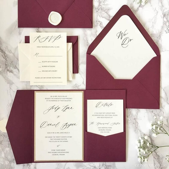 burgundy and white invitation for fall burgundy wedding