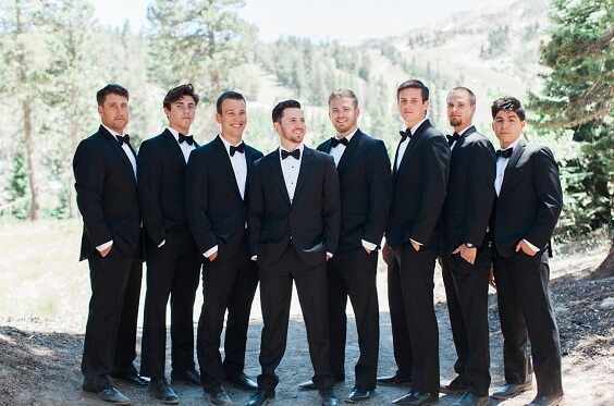 groomsmen with black suits for fall burgundy wedding