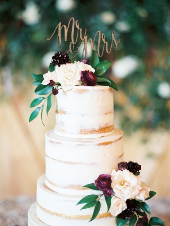naked wedding cake for fall burgundy wedding
