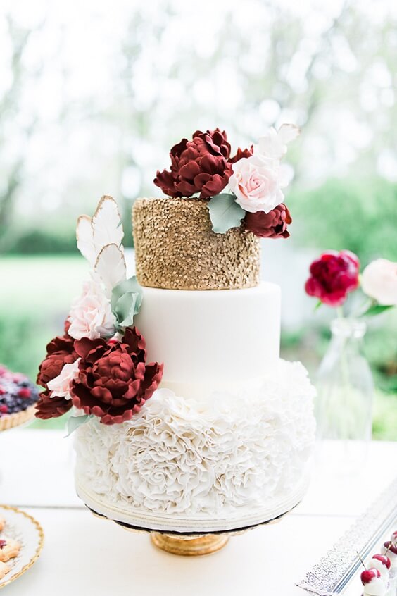 white burgundy and gold cake for fall burgundy wedding