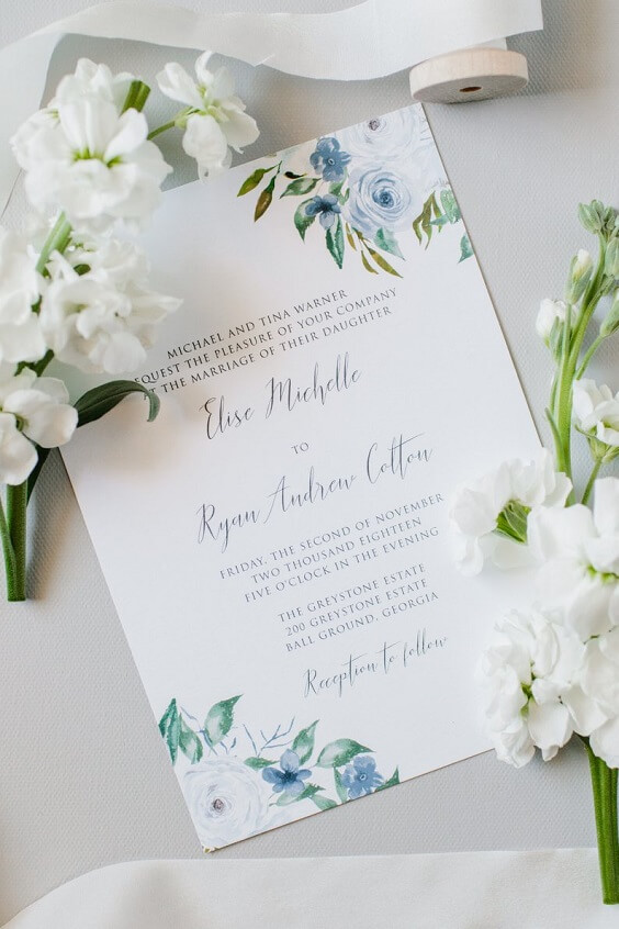 white invitations for spring dusty blue wedding