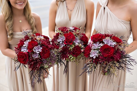 burgundy bouquets for fall champagne and burgundy wedding