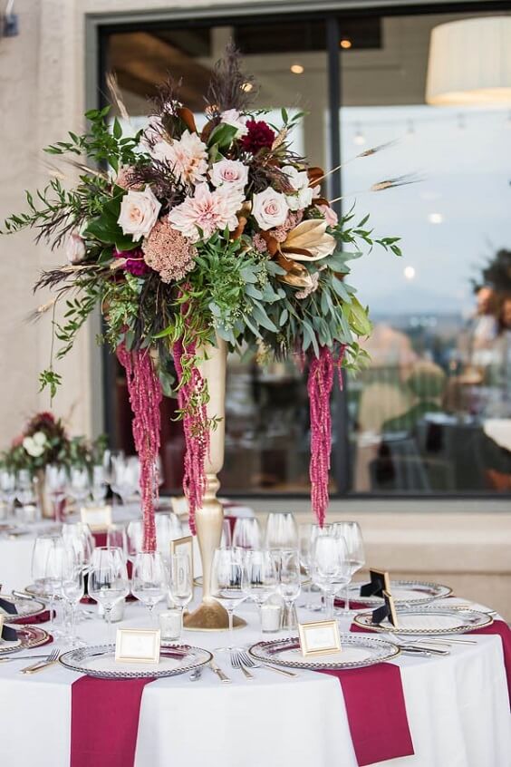 centerpieces for fall champagne and burgundy wedding