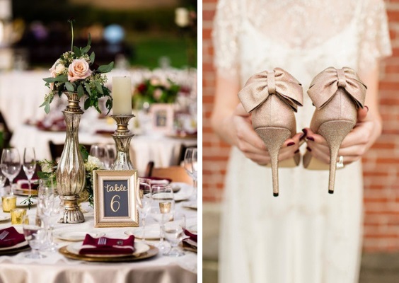 table card and shoes for fall champagne and burgundy wedding