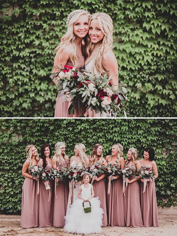 Fall Wedding - Dusty Rose Bridesmaid Dresses and Burgundy Flower Bouquets