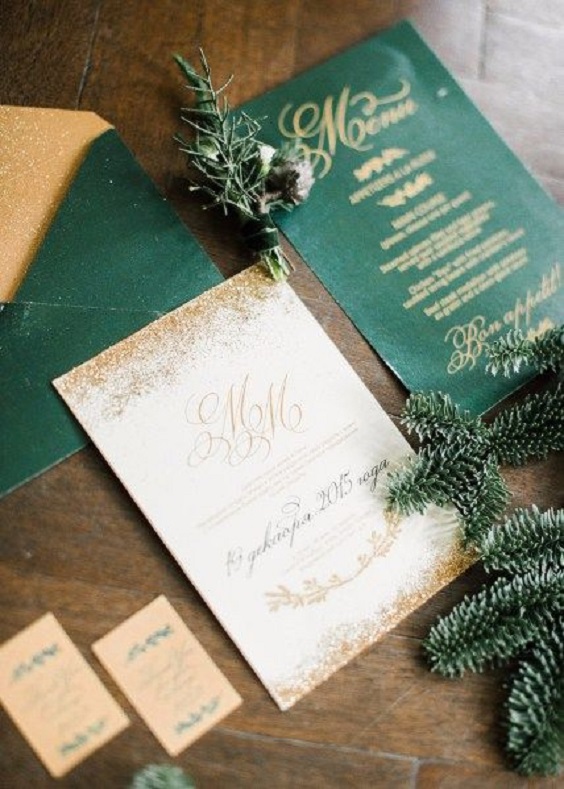green and gold invitations for winter green wedding