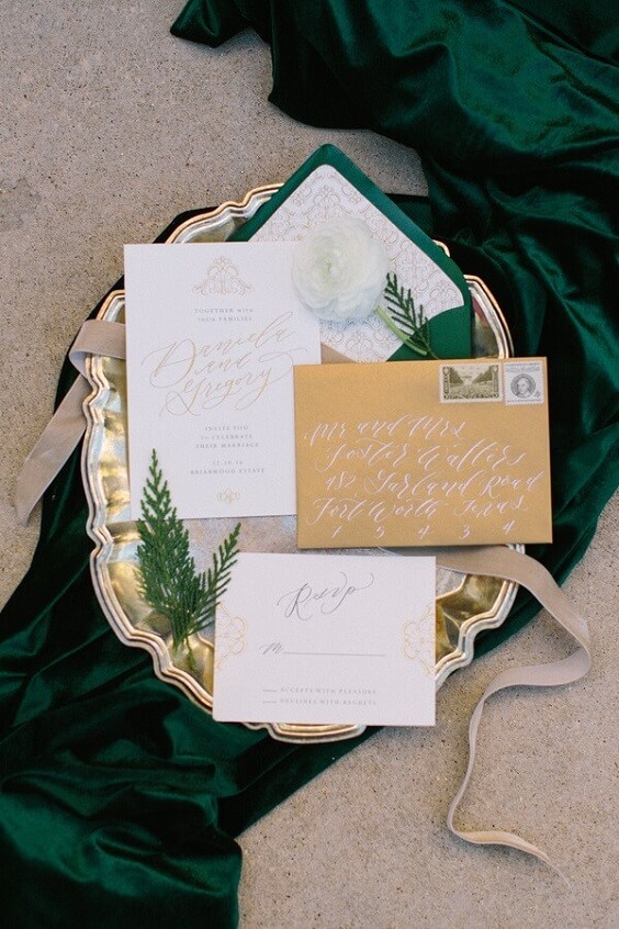 green and gold invitations for winter green wedding 2