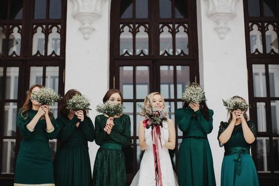Winter Wedding - Green Long Sleeve Bridesmaid Dresses and Gold Decoration -  ColorsBridesmaid