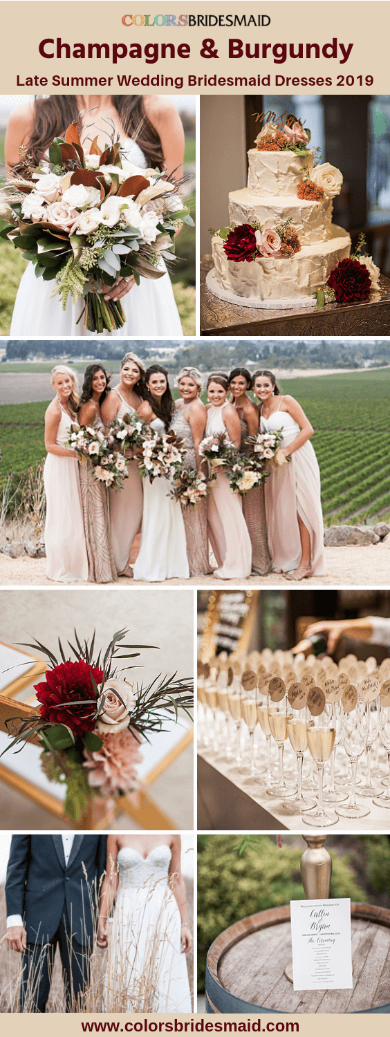 Champagne and Burgundy Wedding-Bridesmaid Dresses, Bouquets and Cakes