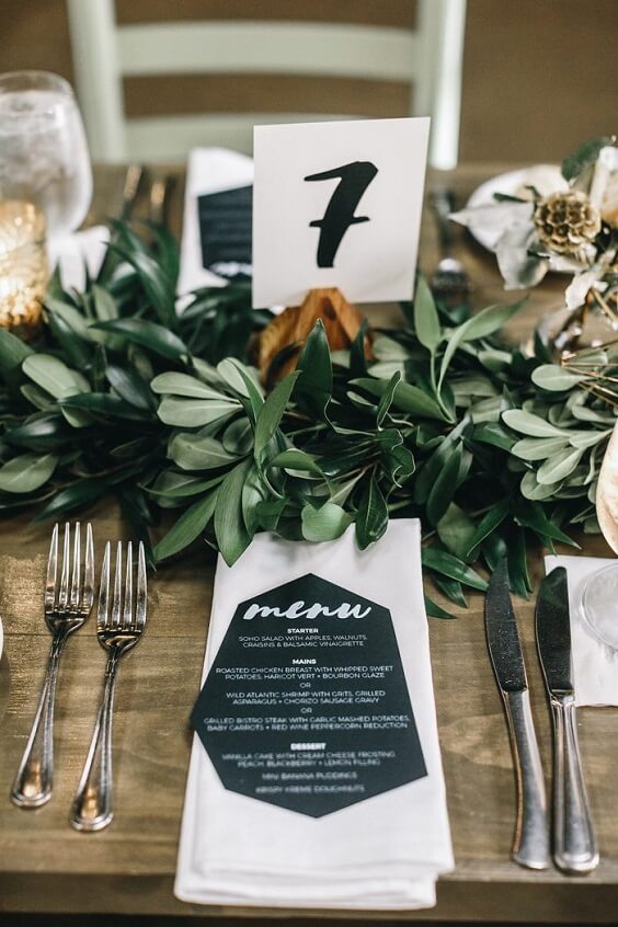 table card and menu for black and green wedding 2019