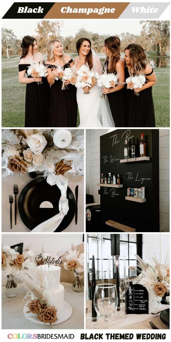 Top 8 black Wedding Color themes for 2024 - Black + Champagne + White