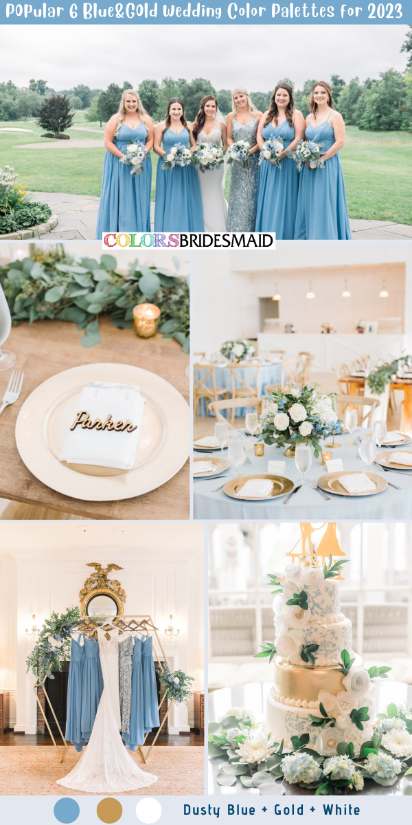 6 Popular Blue and Gold Wedding Color Paletttes for 2023 - Dusty Blue + White + Gold