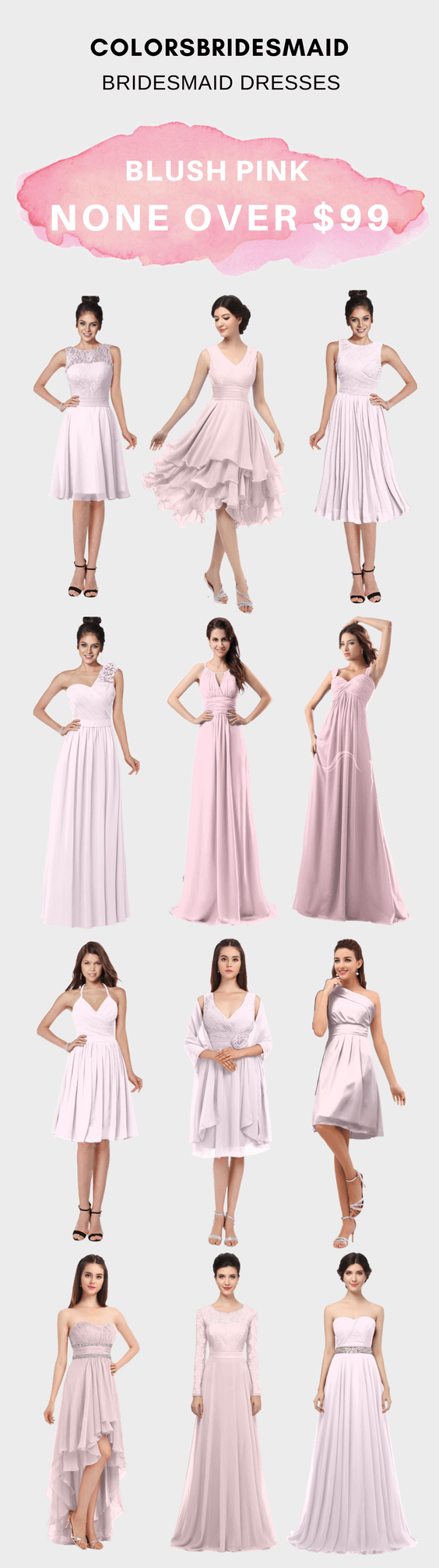 affordable blush pink bridesmaid dresses short and long under 100