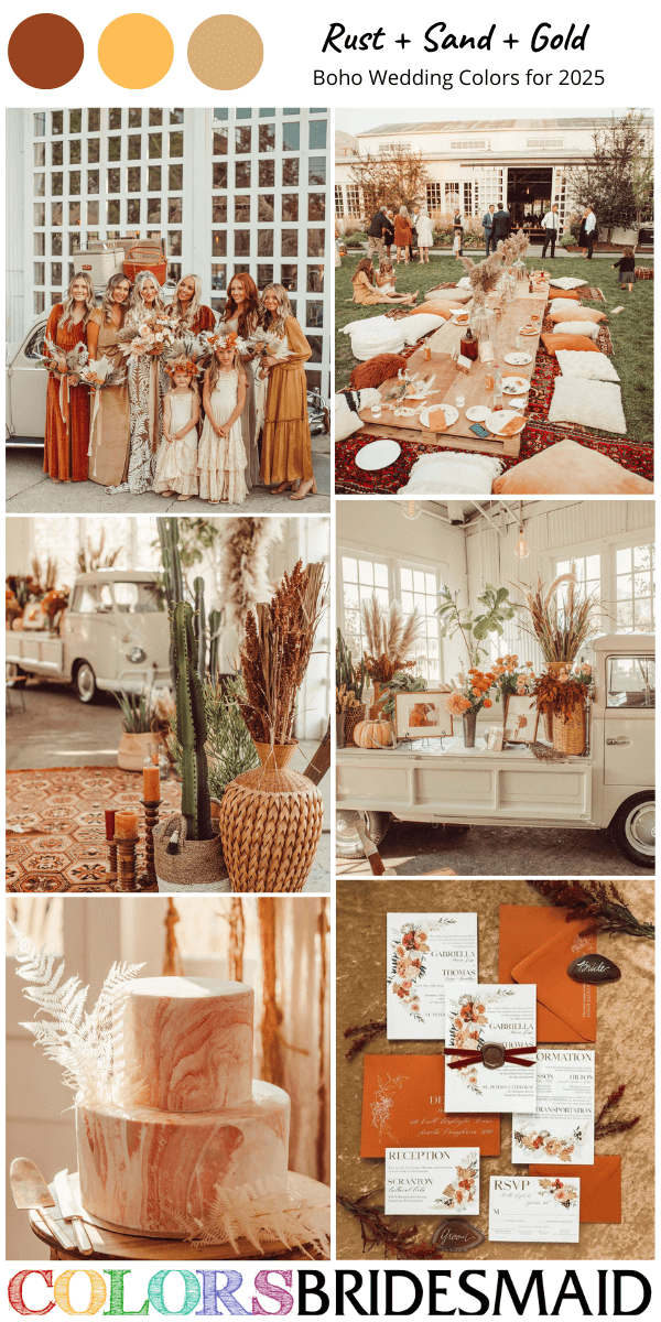 Best 8 Boho Wedding Color Ideas for 2025 - Rust + Sand + Gold