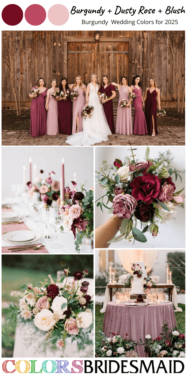 Great 8 Burgundy Wedding Color Palettes for 2025 - Burgundy + Dusty Rose + Blush