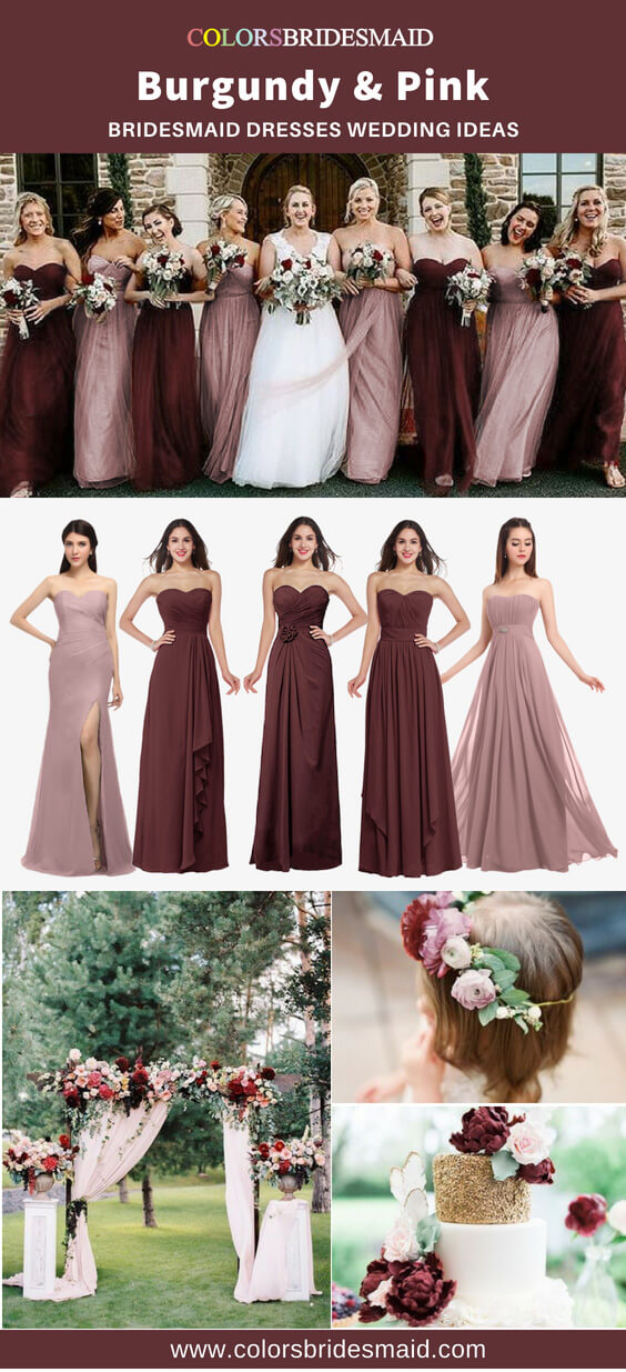 blush wedding dress with burgundy bridesmaids